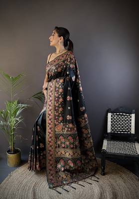black silk blend meena weaving  pashmina work kashmiri saree 2