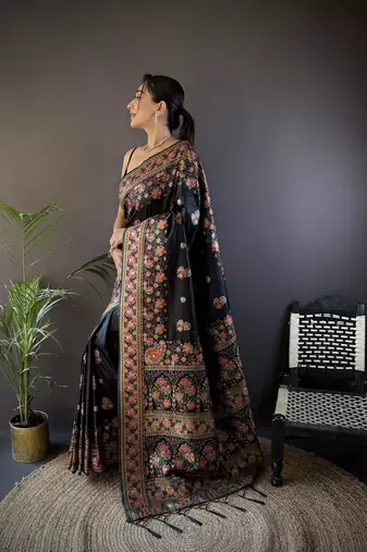 black silk blend meena weaving  pashmina work kashmiri saree