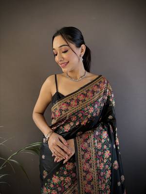 black silk blend meena weaving  pashmina work kashmiri saree 3