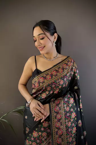 black silk blend meena weaving  pashmina work kashmiri saree