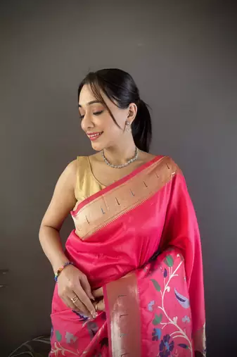pink silk blend floral zari weaving work paithani saree