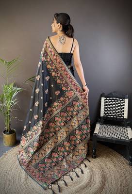 black silk blend meena weaving  pashmina work kashmiri saree 4