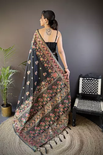 black silk blend meena weaving  pashmina work kashmiri saree