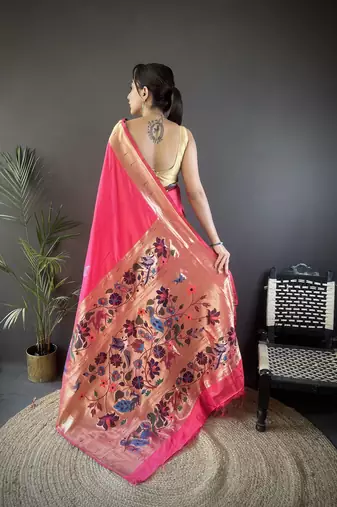 pink silk blend floral zari weaving work paithani saree