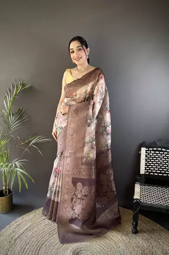 beige soft silk blend floral motifs zari weaving work banarasi saree
