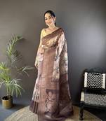 beige soft silk blend floral motifs zari weaving work banarasi saree