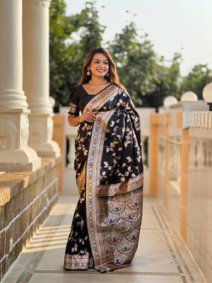 Black soft banarasi silk blend meenakari weaving saree with unstitched blouse 1