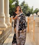 Black soft banarasi silk blend meenakari weaving saree with unstitched blouse