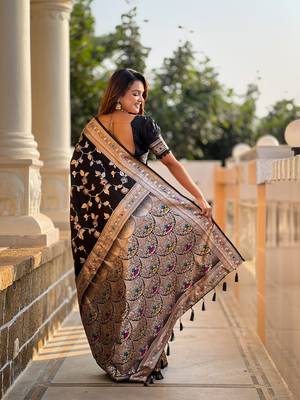 Black soft banarasi silk blend meenakari weaving saree with unstitched blouse 2