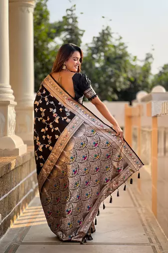 Black soft banarasi silk blend meenakari weaving saree with unstitched blouse