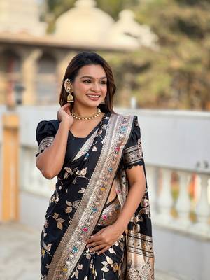 Black soft banarasi silk blend meenakari weaving saree with unstitched blouse 5