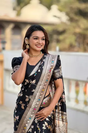 Black soft banarasi silk blend meenakari weaving saree with unstitched blouse