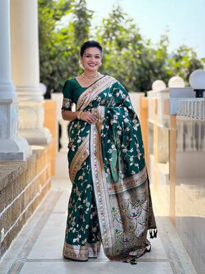 Green soft banarasi silk blend meenakari weaving saree with unstitched blouse 1