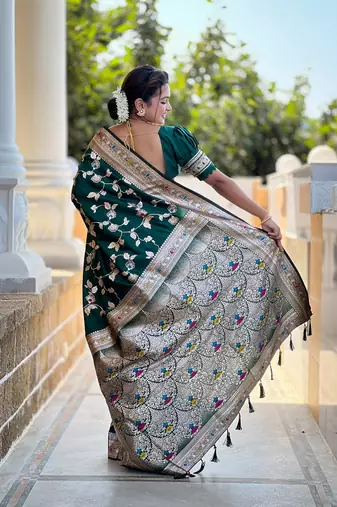 Green soft banarasi silk blend meenakari weaving saree with unstitched blouse