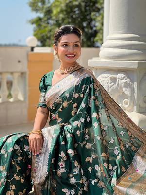 Green soft banarasi silk blend meenakari weaving saree with unstitched blouse 3