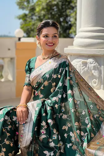 Green soft banarasi silk blend meenakari weaving saree with unstitched blouse
