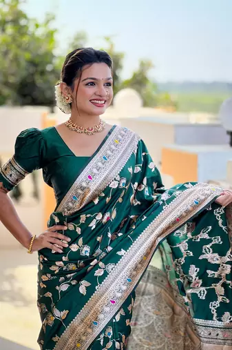 Green soft banarasi silk blend meenakari weaving saree with unstitched blouse