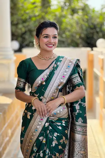 Green soft banarasi silk blend meenakari weaving saree with unstitched blouse