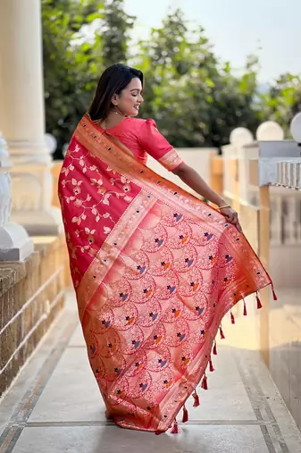 Gajari soft banarasi silk blend meenakari weaving saree with unstitched blouse
