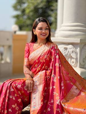 Gajari soft banarasi silk blend meenakari weaving saree with unstitched blouse 5