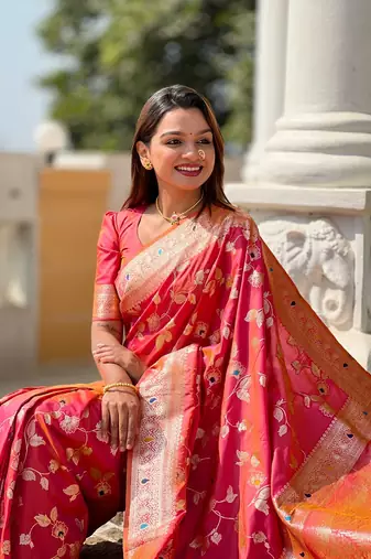 Gajari soft banarasi silk blend meenakari weaving saree with unstitched blouse