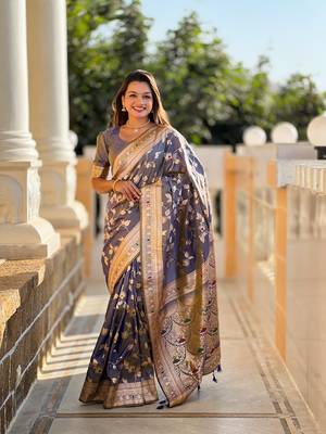 Grey soft banarasi silk Blend meenakari weaving saree with unstitched blouse 1