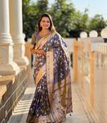 Grey soft banarasi silk Blend meenakari weaving saree with unstitched blouse