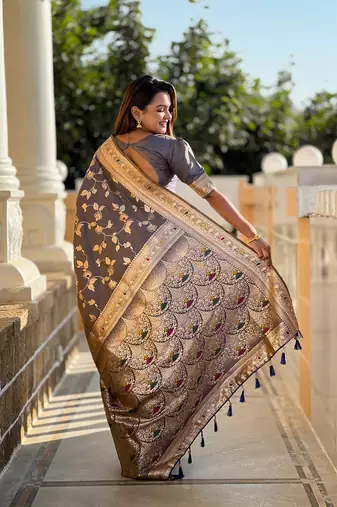 Grey soft banarasi silk Blend meenakari weaving saree with unstitched blouse