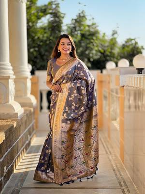 Grey soft banarasi silk Blend meenakari weaving saree with unstitched blouse 4
