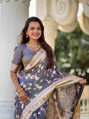 Grey soft banarasi silk Blend meenakari weaving saree with unstitched blouse 5