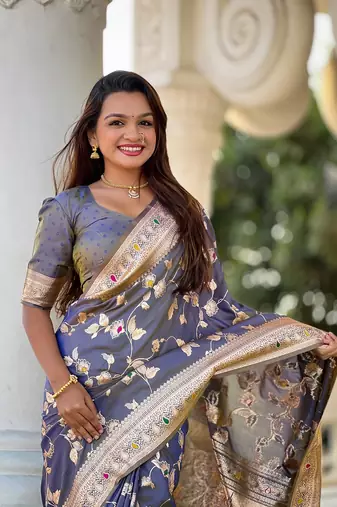 Grey soft banarasi silk Blend meenakari weaving saree with unstitched blouse