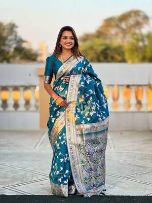 Teal soft banarasi silk blend meenakari weaving saree with unstitched blouse 1