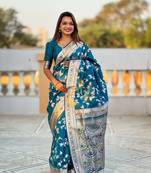 Teal soft banarasi silk blend meenakari weaving saree with unstitched blouse
