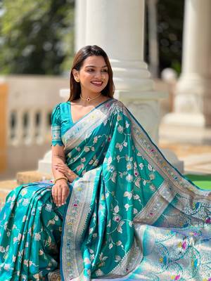 Rama soft banarasi silk Blend meenakari weaving saree with unstitched blouse 4