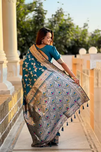 Teal soft banarasi silk blend meenakari weaving saree with unstitched blouse