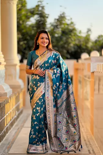 Teal soft banarasi silk blend meenakari weaving saree with unstitched blouse