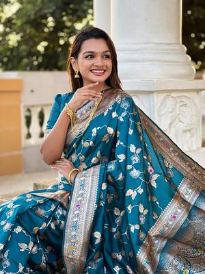 Teal soft banarasi silk blend meenakari weaving saree with unstitched blouse 5