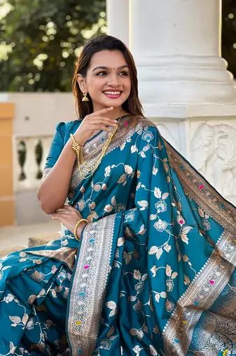 Teal soft banarasi silk blend meenakari weaving saree with unstitched blouse