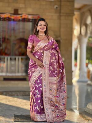 Onion soft banarasi silk blend meenakari weaving saree with unstitched blouse 1