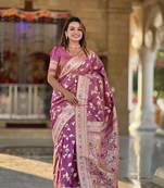 Onion soft banarasi silk blend meenakari weaving saree with unstitched blouse