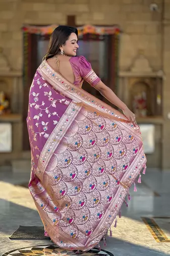 Onion soft banarasi silk blend meenakari weaving saree with unstitched blouse
