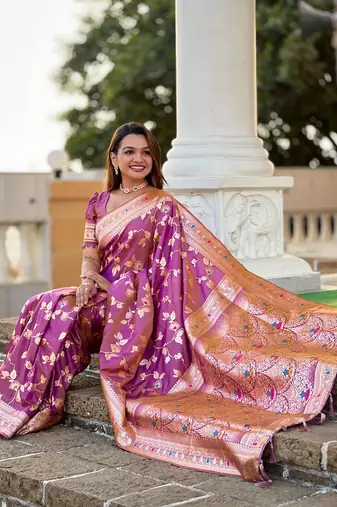 Onion soft banarasi silk blend meenakari weaving saree with unstitched blouse