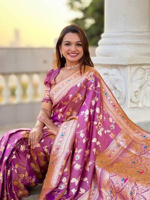 Onion soft banarasi silk blend meenakari weaving saree with unstitched blouse 4