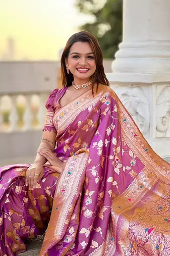Onion soft banarasi silk blend meenakari weaving saree with unstitched blouse
