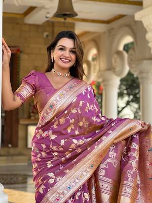 Onion soft banarasi silk blend meenakari weaving saree with unstitched blouse 5