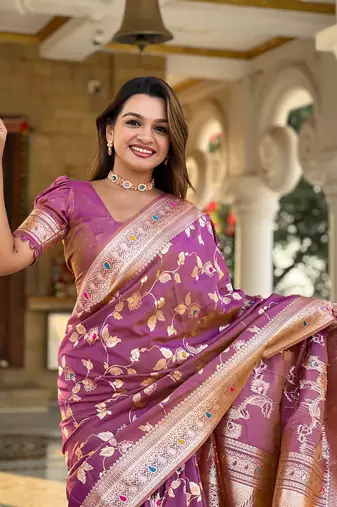 Onion soft banarasi silk blend meenakari weaving saree with unstitched blouse