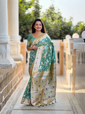 Pista soft banarasi silk blend meenakari weaving saree with unstitched blouse 1