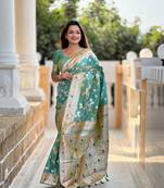 Pista soft banarasi silk blend meenakari weaving saree with unstitched blouse