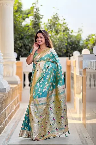 Pista soft banarasi silk blend meenakari weaving saree with unstitched blouse