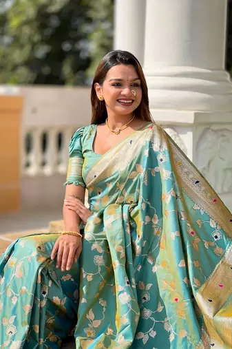 Pista soft banarasi silk blend meenakari weaving saree with unstitched blouse